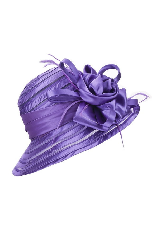Sun Hat Flower Decor Wide Brim Lightweight Stripe See-through Mesh Women Church Cap Bridal Hat Purple Mesh
