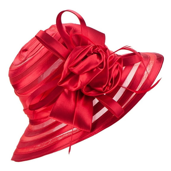 HEVIRGO Sun Hat Flower Decor Wide Brim Lightweight Stripe See-through Mesh Women Church Cap Bridal Hat Red Mesh