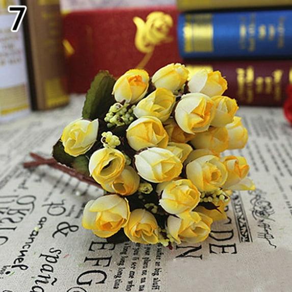 HEVIRGO Sweet Artificial Rosebud Bouquet Home Wedding Cloth Rose 15 Flowers on 1 Piece, Yellow