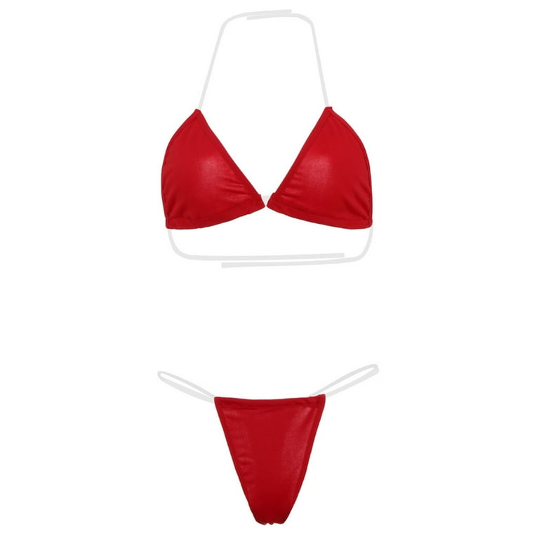 HEVIRGO Transparent Strap Push-up Bikini Set Two Pieces Halter Triangle Bra  High Waist Thong Swimwear for Beach,Red M