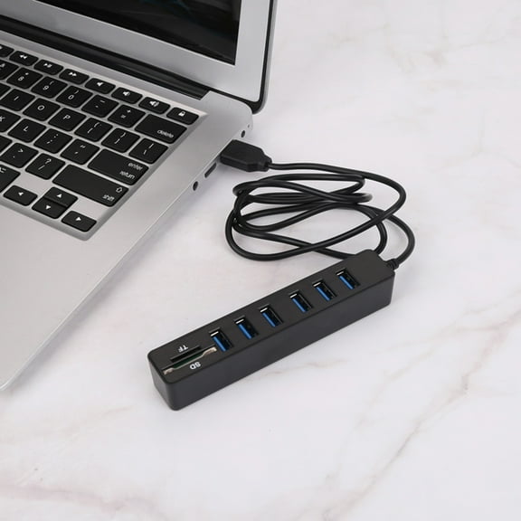 HEVIRGO USB Hub with Long Cable 6 Ports Big Expansion Plug And Play Hot Swappable Data Transfer ABS Card Reader SD/TF Data Hub for Laptop