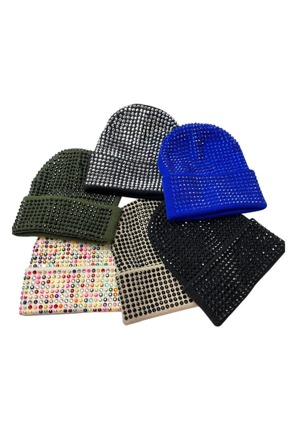Unisex Winter Hat Folded Brim Bonnet Rhinestone Elastic Keep Warm Cap Adult Cold Weather Headwear for Outdoor And Daily