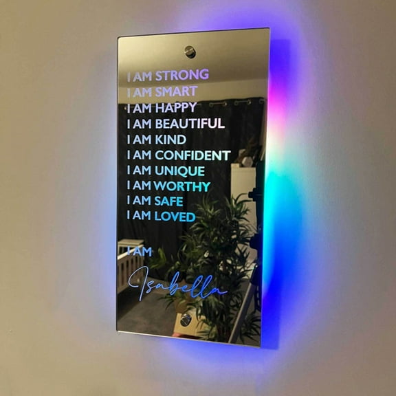 HEVIRGO Wall Mirror Easy to Install Waterproof USB Plug-and-play Living Room Affirmation Mirror with Colored LED Light Home Decor