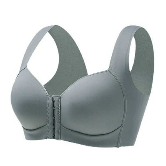 HEVIRGO Wide Shoulder Straps Women Bra U-Shaped Back Wire Free Front Closure Full Cup Bra for Daily Wear,Grey 36C