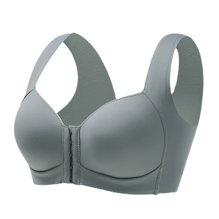 HEVIRGO Wide Shoulder Straps Women Bra U-Shaped Back Wire Free Front  Closure Full Cup Bra for Daily Wear,Grey 42C 