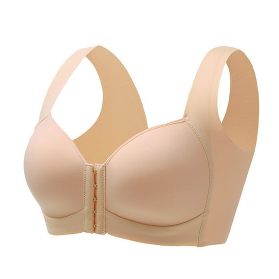 HEVIRGO Wide Shoulder Straps Women Bra U-Shaped Back Wire Free Front Closure Full Cup Bra for Daily Wear,Skin Color 34C