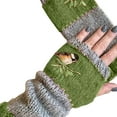 thumbnail image 1 of HEVIRGO Women Autumn Winter Bird Embroidered Gloves Knit Fingerless Color Block Mitten(Green), 1 of 10