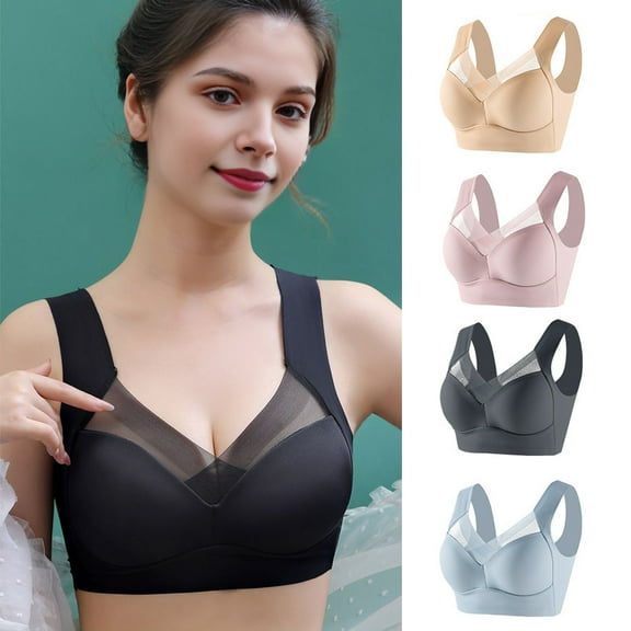 HEVIRGO Women Bra Anti-slip Wire-free Plus Size Mid-aged Female Underwear Push-up Wide Shoulder Strap Full Coverage Seamless Support Bra for Jogging Office Cycling