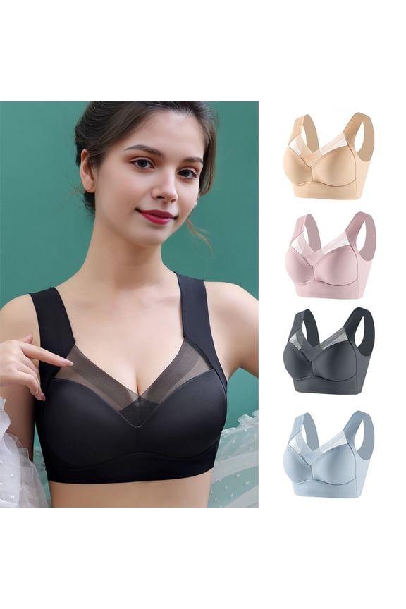 Women Bra Anti-slip Wire-free Plus Size Mid-aged Female Underwear Push-up Wide Shoulder Strap Full Coverage Seamless Support Bra for Jogging Office Cycling