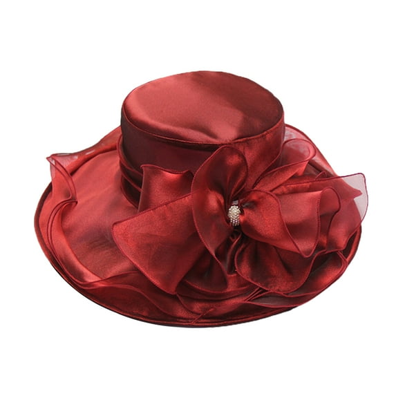 HEVIRGO Women Church Cap Wide Brim Cloth Flower Temperament Foldable Rhinestones Buckle Hat for Wedding Red Chiffon,Net Yarn