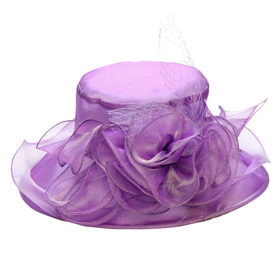 HEVIRGO Women Church Cap Wide Brim Four Flowers Summer Organza Semi-transparent Sun Hat Headgear Purple Net Yarn