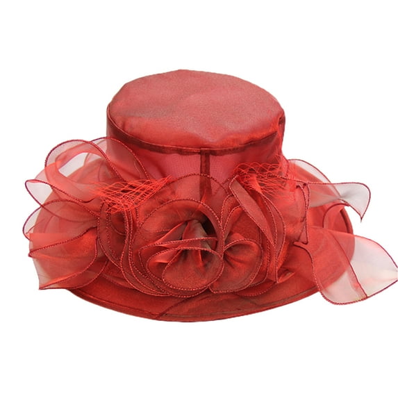 HEVIRGO Women Church Cap Wide Brim Four Flowers Summer Organza Semi-transparent Sun Hat Headgear Red Net Yarn