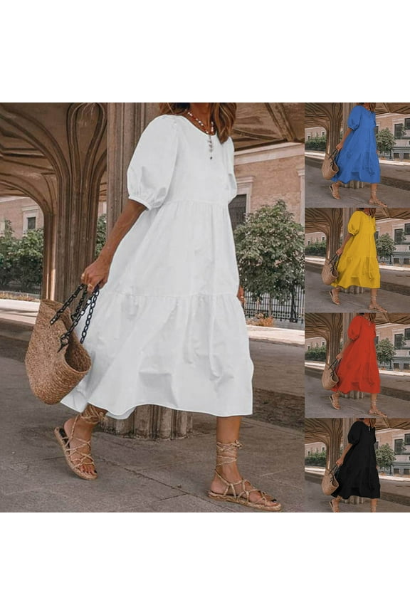 HEVIRGO Women Dress Short Sleeve Large Hem Cotton-flax Solid Color O Neck Loose Midi Dress for Summer