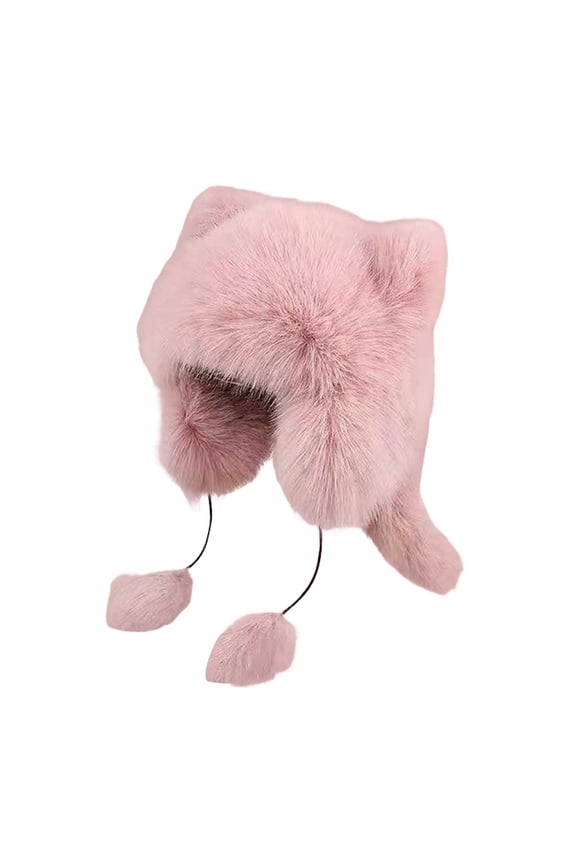 Women Hat Thick Faux Fur Ear And Tail Decor Cartoon Racoon Ear Protecting Windproof Lei Feng Cap for Skiing Snowboarding Hiking