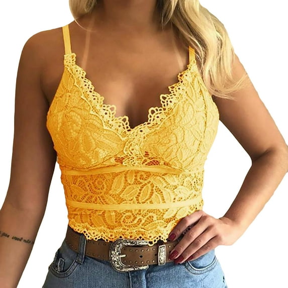 HEVIRGO Women Lace Camisole V Neck Tank Top Underwear Vest Candy Color Bralette,Yellow S