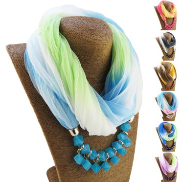 HEVIRGO Women Scarf Summer Gradient Color Colorful Breathable Soft Sun-resistant Lightweight Resin Stones Pendant Wrap Necklace Scarf Outdoor Wear