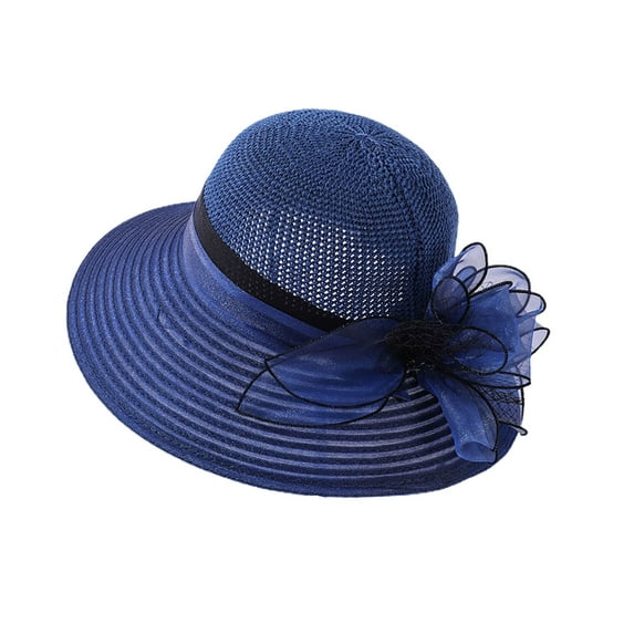 HEVIRGO Women Sun Hat Round Patchwork Fabric Flower Decor Big Brim Anti-UV Women Banquet Hat Headwear Blue Organza