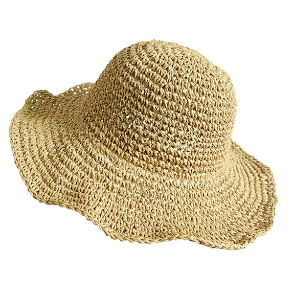 HEVIRGO Women Sun Hat Solid Color Breathable Lightweight Sunscreen Beach Hat for Travel Beige Straw