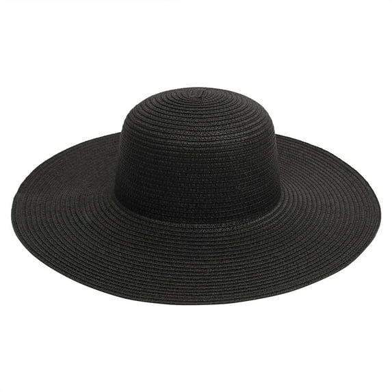HEVIRGO Women Sun Hat Solid Color Breathable Lightweight Sunscreen Portable Beach Hat Fashion Accessory Black Straw