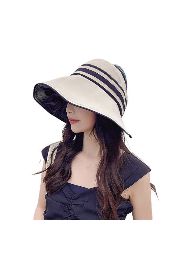 Women Sun Hat Stripe Heat Isolating Contrast Color Anti-UV Sunscreen Bucket Hat Outdoor Hat Beige Cotton Blend