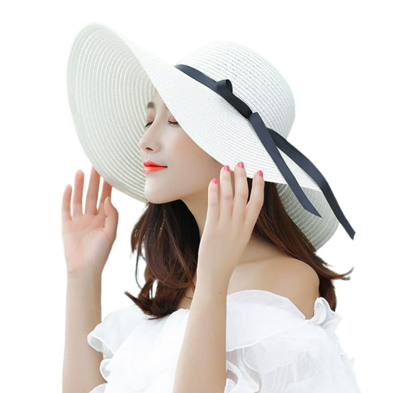 Hevirgo Women Sun Hat Wide Brim Sunscreen Washable Friendly to Skin Beach Hat Fashion Accessory White Braid Fabric, Women's, Size: One Size