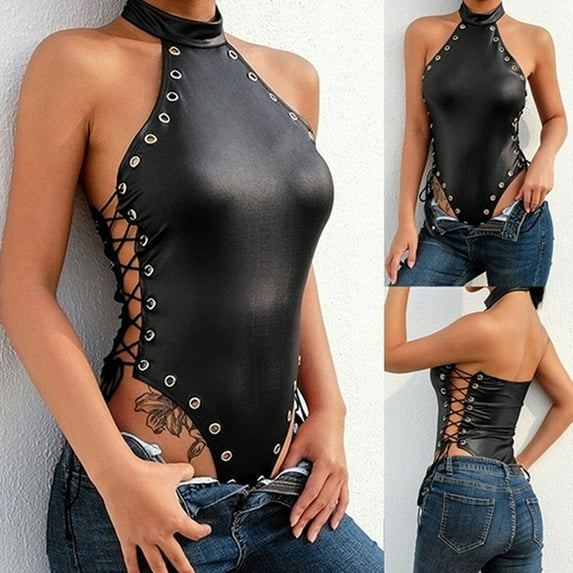 HEVIRGO Women Swimsuit Patent Leather Side Lace-up Summer Off Shoulder Slim-fitting Bikini for Beach