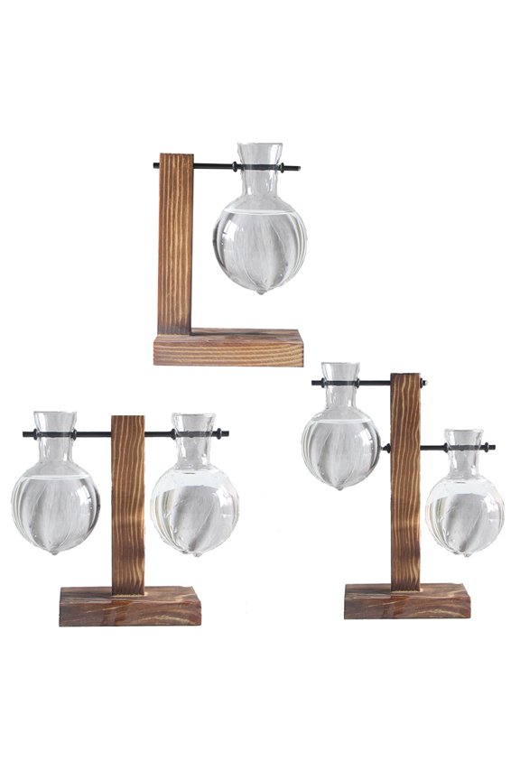 Wooden Frame Glass Vase Planter Desktop Hydroponics Plant Bonsai Flower Pot