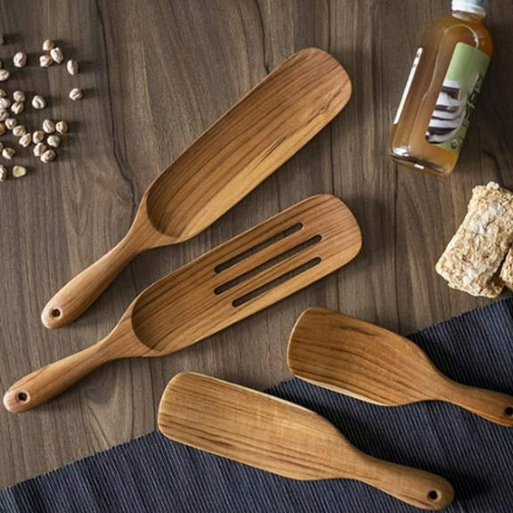 HEVIRGO Wooden Spatula, 4Pcs/Set Wooden Teak Spatula Set Natural Wood Spurtle Kit Cooking Utensils for Kitchen