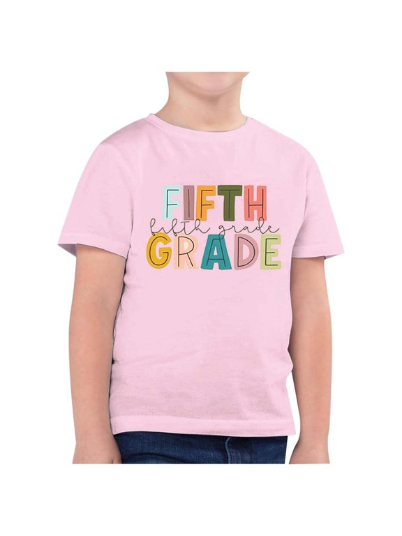 Crew Neck Kids Back to School T-Shirt Girls Fashion Printed Round Neck Short Sleeve Casual T Shirt Top for Back To Season Pink 4-5 Years