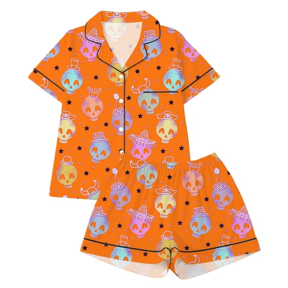 HEVRJEWJD Girls Halloween Pajamas Cute Pumpkin Ghost Print Short Sleeve Shirt Elastic Pants 2 Piece Pajama Set Kids Nightwear Orange14 13-14 Years