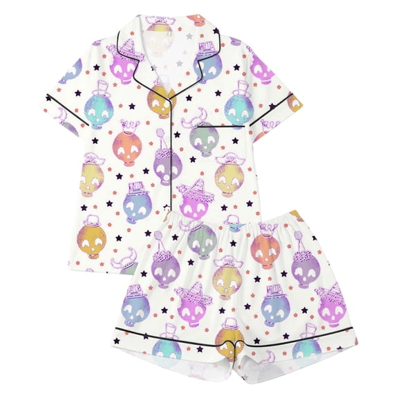 HEVRJEWJD Girls Halloween Pajamas Cute Pumpkin Ghost Print Short Sleeve Shirt Elastic Pants 2 Piece Pajama Set Kids Nightwear White14 1-2 Years