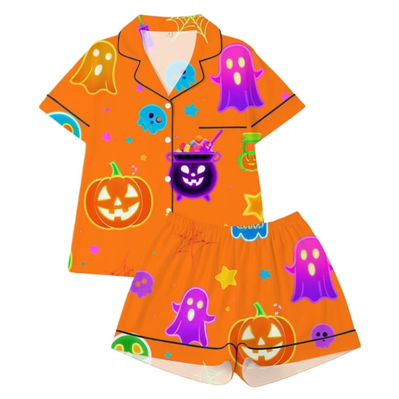 HEVRJEWJD Girls Halloween Print Short Sleeve Top With Shorts PajamasSnug Fit Short Sleeve Sleepwear, Soft Breathable PJs for Girls Boys Orange7 5-6 Years