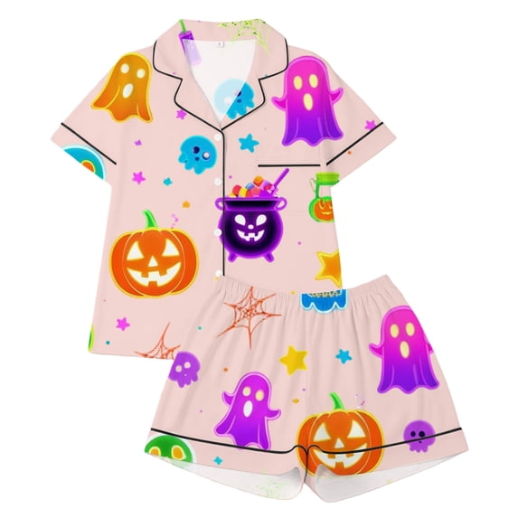 HEVRJEWJD Girls Halloween Print Short Sleeve Top With Shorts PajamasSnug Fit Short Sleeve Sleepwear, Soft Breathable PJs for Girls Boys Pink7 3-4 Years