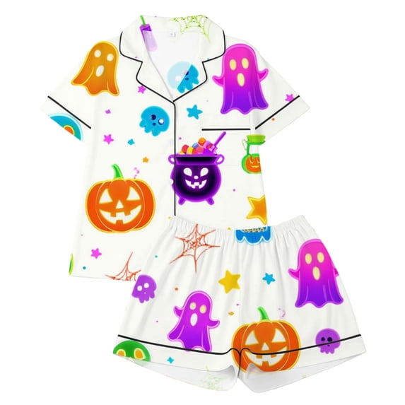 HEVRJEWJD Girls Halloween Print Short Sleeve Top With Shorts PajamasSnug Fit Short Sleeve Sleepwear, Soft Breathable PJs for Girls Boys White7 9-10 Years