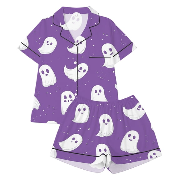 HEVRJEWJD Girls Halloween Print Short Sleeve Top With Shorts Pajamas Kids Button-Down Nightwear Loungewear Purple8 3-4 Years