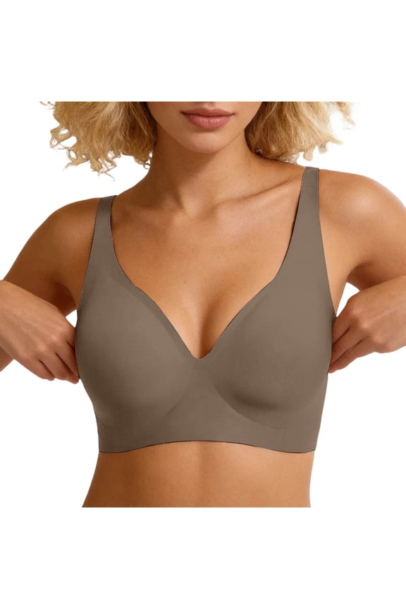Women Deep V Bras No Underwire, Supportive Jelly Bras for Women Push Up Wireless, Bralettes Plunge Seamless Bra Coffee XXXL