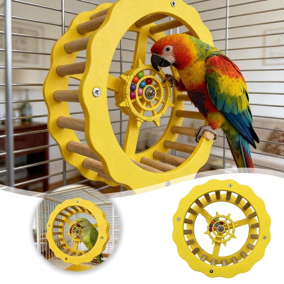 HEWANG Bird Stand Perch Toy, Interactive Spinning Parakeet Toys, Wooden Exercise Wheel Parrot Toy, Intelligence Puzzle Enrichment Toys,Bird Playground Play Stands for Conure Budgie (Yellow2)