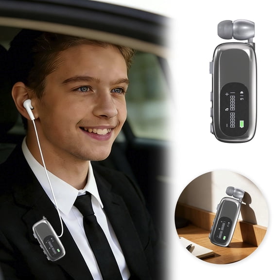 HEWANG Blue-tooth Headset for Driving with Vibration Alert and 10m Range, Retractable Earpiece with LCD Battery Screen for Hands - Free Business Calls (Electroplated Bright Silver)