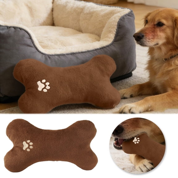 HEWANG Bone-Shaped Plush Toy for Small & Medium Dogs, Chew-Resistant Soft Plush Pillow for Indoor Play & Rest, Embroidered Design, 8.6x5.7x1.7 Inch Coffee Brown