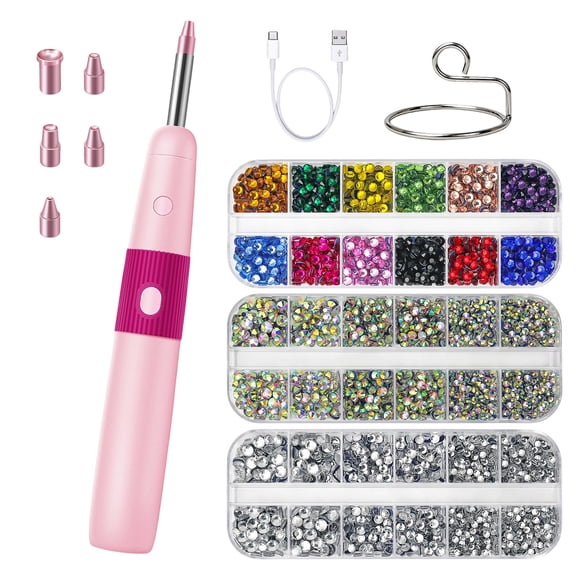 HEWANG Cordless Hotfix Rhinestone Applicator, Bedazzler Kit with Vacuum Pick Up Function, Adjustable Heat Hot Fix Wand for Clothes, Fabric & DIY Crafts, 5 Tips and 3024 PCS Rhinestones (Pink)