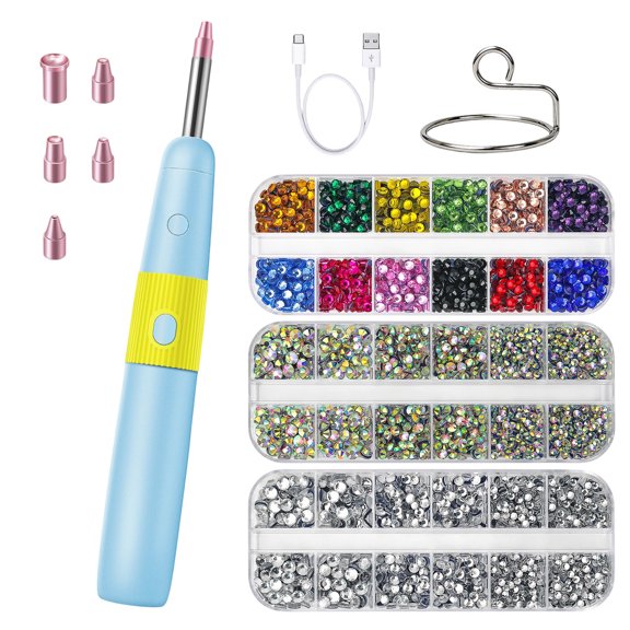 HEWANG Cordless Hotfix Rhinestone Applicator, Bedazzler Kit with Vacuum Pick Up Function, Adjustable Heat Hot Fix Wand for Clothes, Fabric & DIY Crafts, 5 Tips and 3024 PCS Rhinestones (Blue)