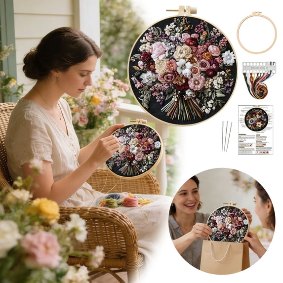 HEWANG Embroidery Kit for Beginners and Adults, DIY Hand Embroidery Starter Kit with Cute Pattern, Cross Stitch Needlepoint Set with Hoop, Threads and Instructions (Easter Wreath,Black,15cm)