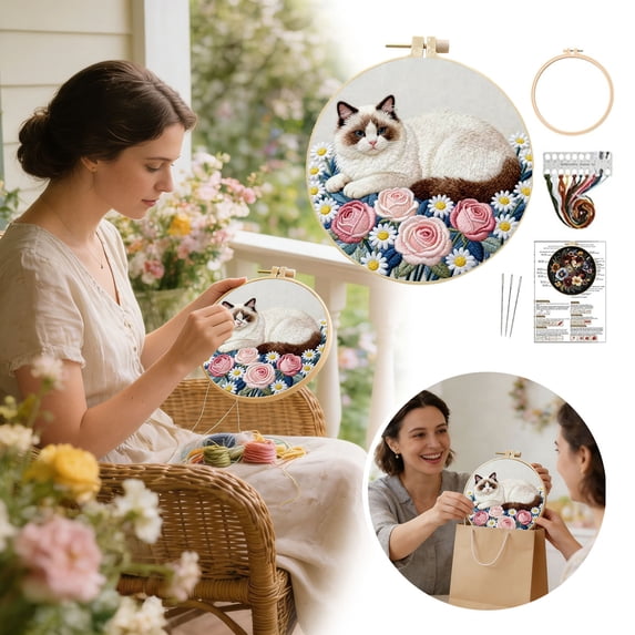HEWANG Embroidery Kit for Beginners and Adults, DIY Hand Embroidery Starter Kit with Cute Pattern, Cross Stitch Needlepoint Set with , Threads and Instructions (Easter Wreath,Beige,15cm)