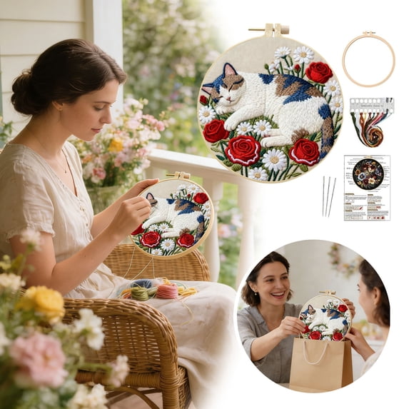 HEWANG Embroidery Kit for Beginners and Adults, DIY Hand Embroidery Starter Kit with Cute Pattern, Cross Stitch Needlepoint Set with , Threads and Instructions (Easter Wreath,Beige,15cm)