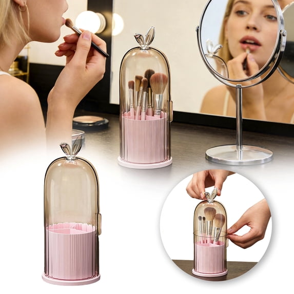 HEWANG Rotating Toothbrush Holder 3 Slots Dustproof Toothbrush Holder with Cover Makeup Brush Organizer for Bathroom Countertop Yellow with Cover (Pink)