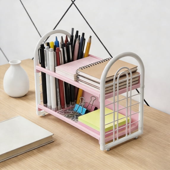 HEWANG Simple Double Layer Desktop Storage Rack, Desk Mini Bookshelf Organizer, 2 Tier Hollow Tabletop Shelf for Office Dormitory, Sturdy Desktop Storage Shelf with Minimalist Des (Pink)