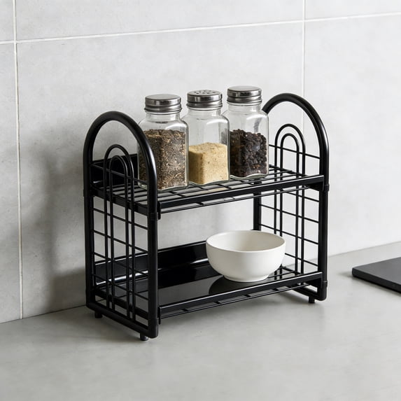 HEWANG Simple Double Layer Desktop Storage Rack, Desk Mini Bookshelf Organizer, 2 Tier Hollow Tabletop Shelf for Office Dormitory, Sturdy Desktop Storage Shelf with Minimalist Des (Black)