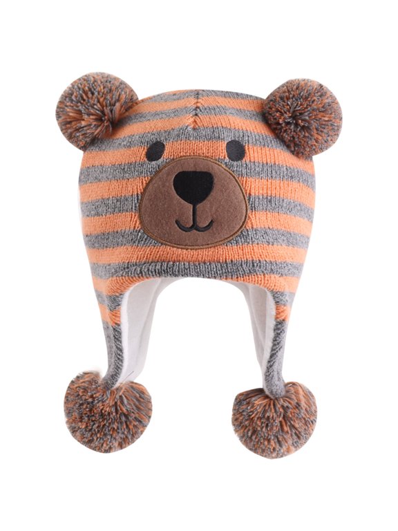 Baby Infant Bear Face Trapper Hat with Ear Flaps Pompoms Fleece Lining in Winter Cold Stroller Rides Orange Size 0-1 Years