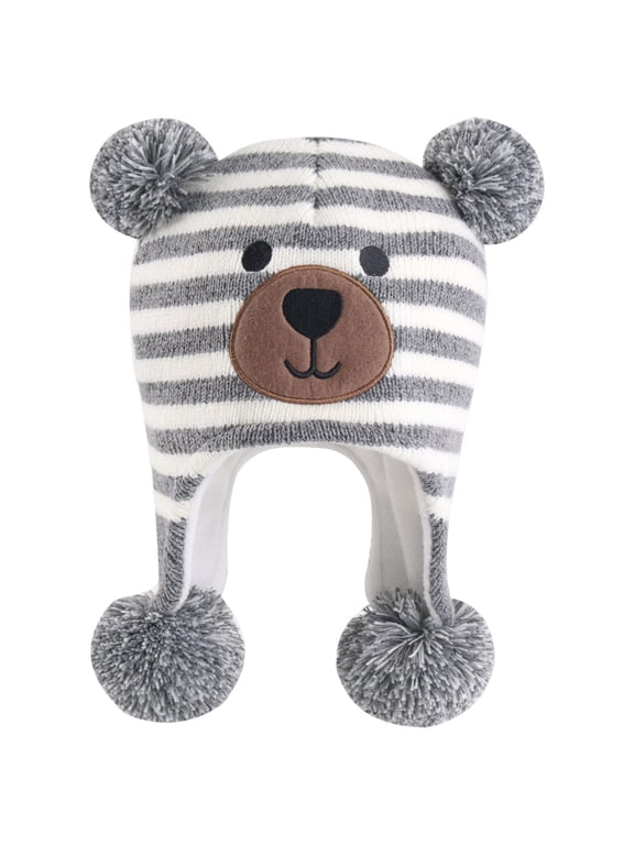 Baby Infant Bear Face Trapper Hat with Ear Flaps Pompoms Fleece Lining in Winter Cold Stroller Rides White Size 0-1 Years