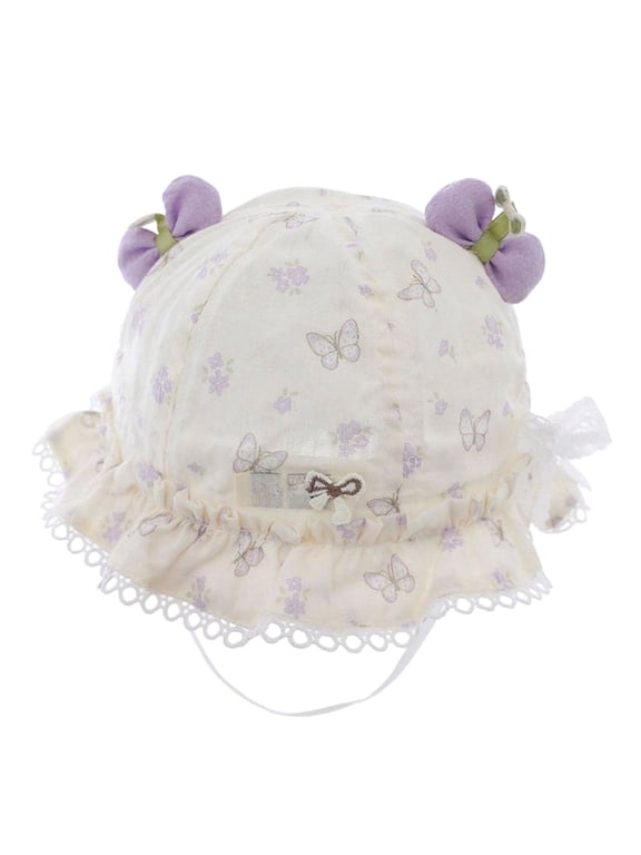 Baby Lace Ruffle Sun Bucket Hat Bow Ears Wide Brim Butterfly Print for Spring Summer Outings Purple Size 3-18 Months